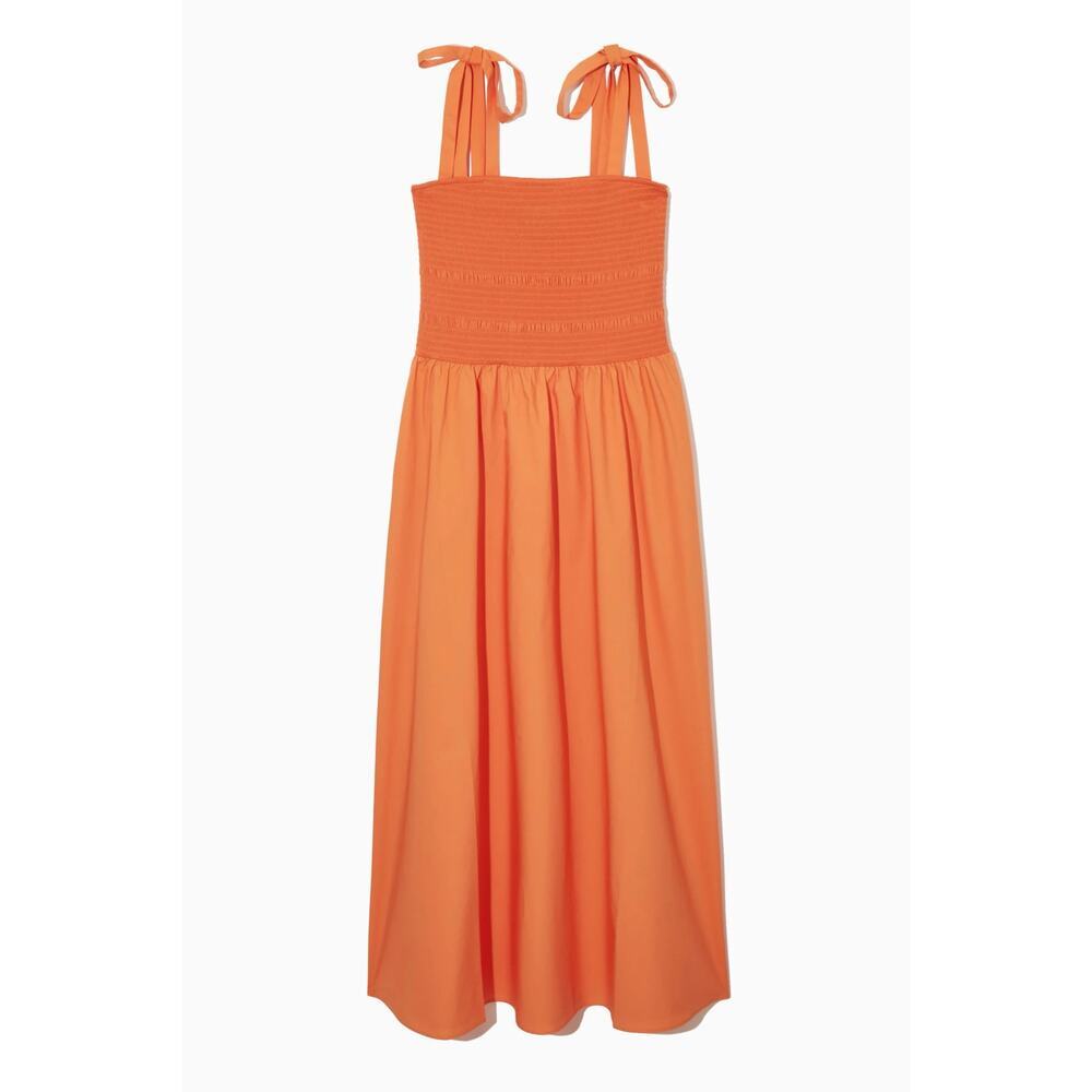 NWT COS Orange Cotton Maxi Dress Smocked Waist Tie Strap XS - Picture 6 of 15